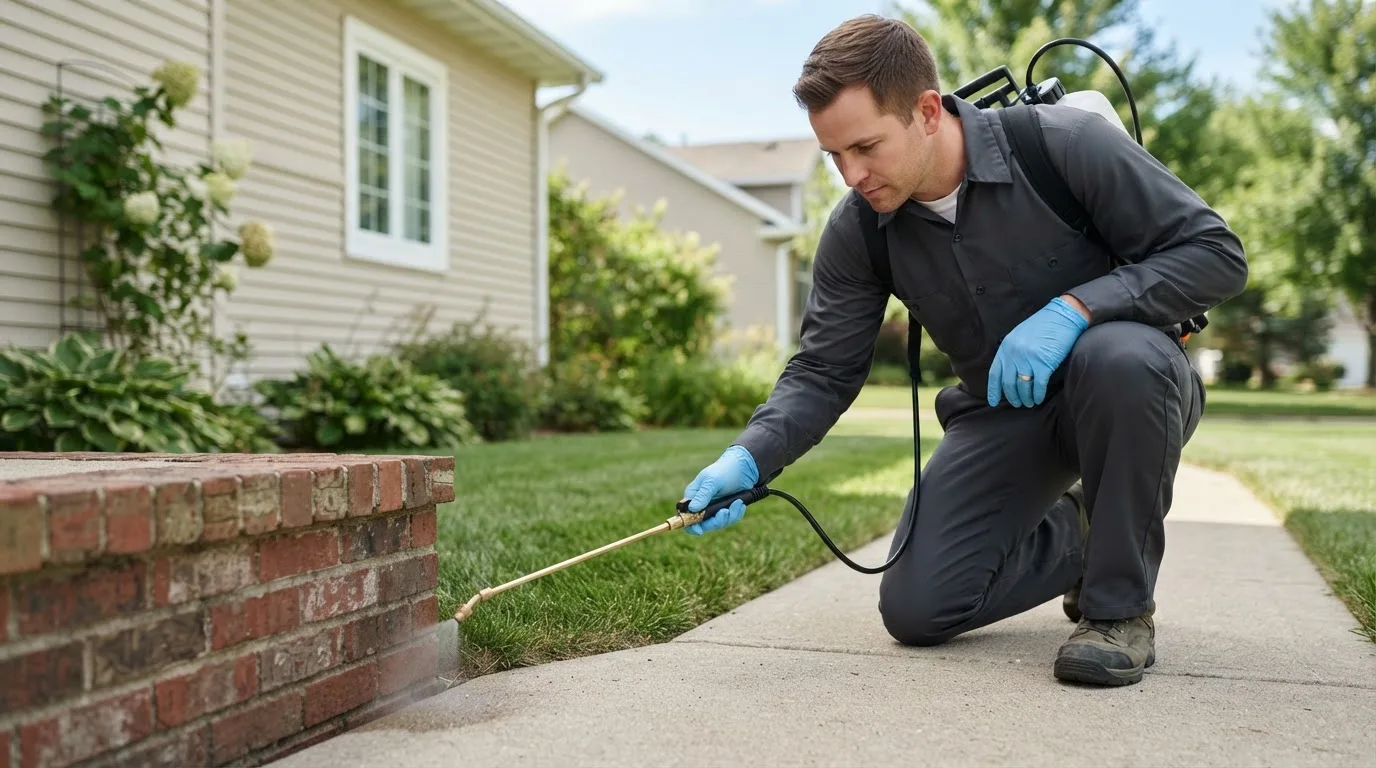 Pest control technician treating a home near Fremont, IN