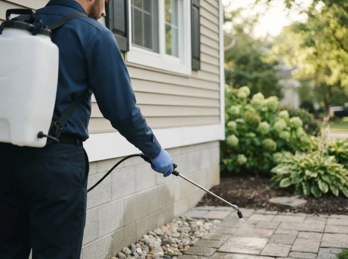 Pest control technician inspecting a home in Fremont, IN